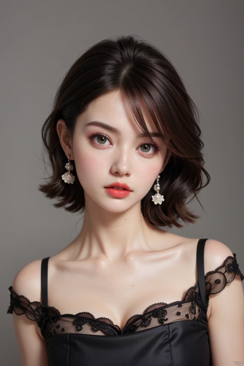 1girl, solo, breasts, looking at viewer, short hair, simple background, brown hair, black hair, dress, bare shoulders, brown eyes, upper body, parted lips, grey background, lips, makeup, red dress, lipstick, realistic, red lips
