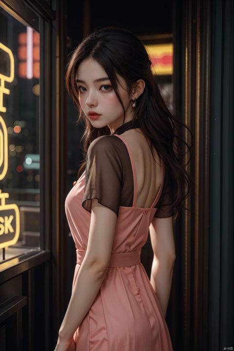 HK film style, close-up shot back view of an attractive woman wearing pink dress standing in front of a neon sign, neon orange lighting, in the style of Wong Kar Wai film, award-winning picture, highly detailed, ultra-high resolutions, 32K UHD, best quality, masterpiece
