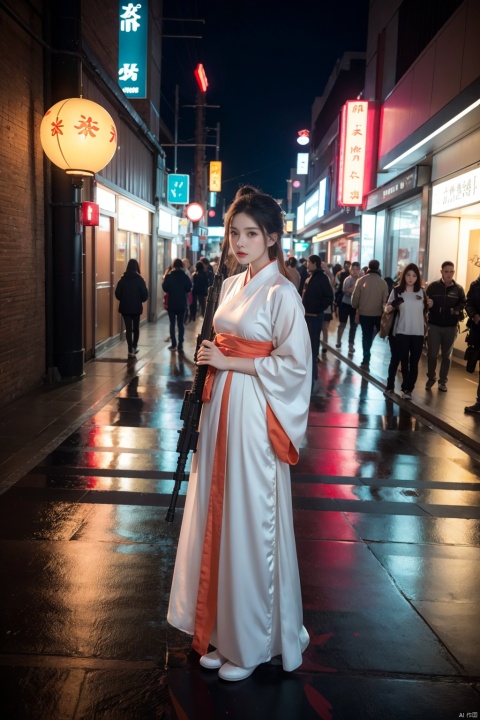 front view of a cute loli,extremely beautiful,wearing hanfu,holding an assault rifle in hands,full-body shot,Cyberpunk Neon Street View background,
c4d,bright colors,3d rendering ray tracing,highly detailed,ultra-high resolutions,32K UHD,best quality,masterpiece,