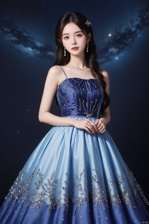  (((masterpiece, best quality))), ,1girl,long dress,blue purple theme,((universe Sky Theme Pattern clothes)),