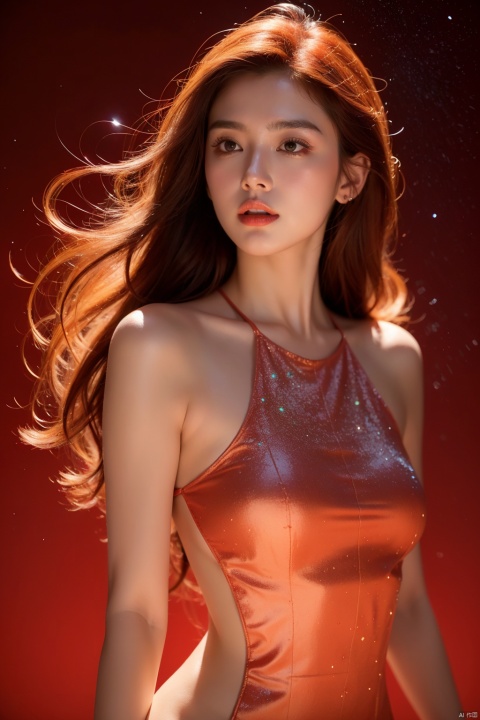 best quality,masterpiece,16K,masterpiece,Red light particles,Light particle skin,Light particle energy fluid,Light particles covering the body,Light Particle Art,Light particle effects,1girl,Red skin,light particles,red background,red hair,red theme,solo
