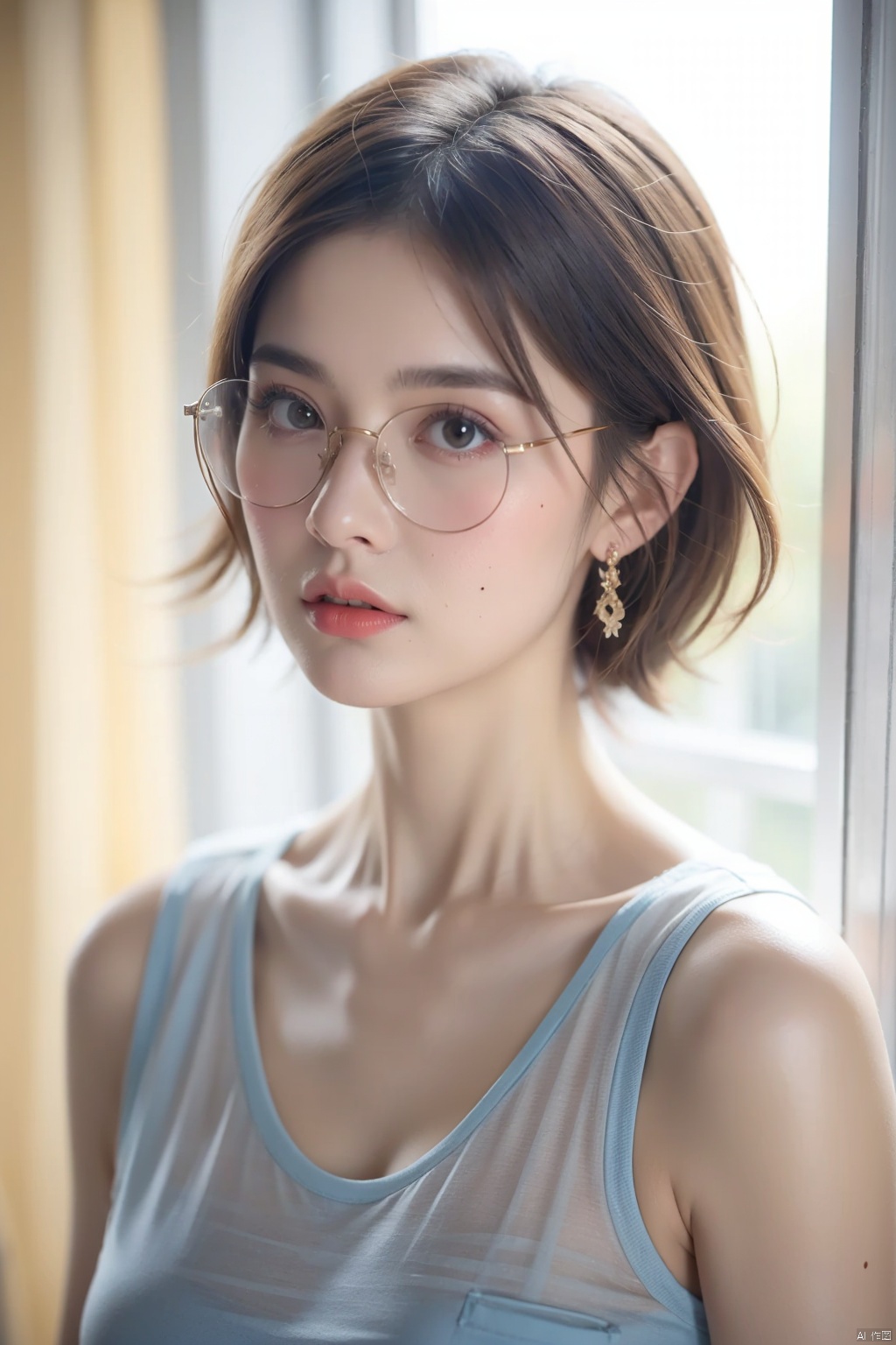 1girl, solo, breasts, looking at viewer, short hair, bangs, brown hair, shirt, brown eyes, collarbone, white shirt, upper body, parted lips, glasses, sleeveless, day, indoors, mole, blurry, lips, window, sleeveless shirt, blurry background, blue shirt, plant, round eyewear, blinds