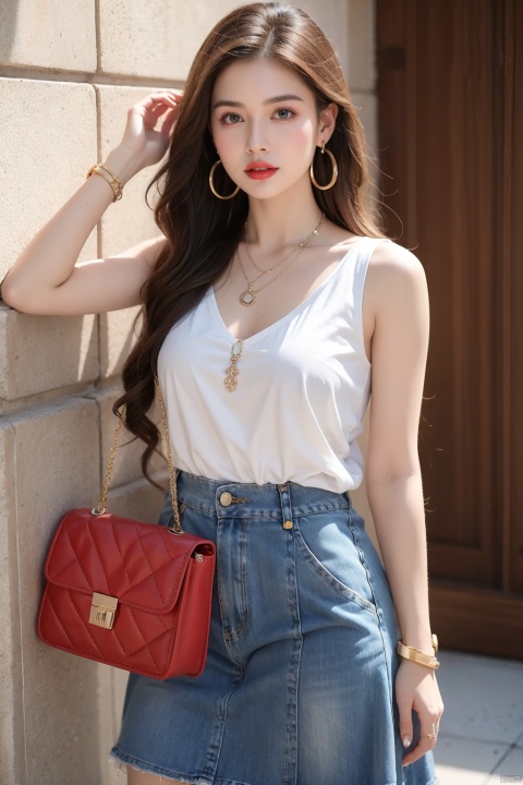 1girl, solo, long hair, looking at viewer, skirt, brown hair, shirt, holding, brown eyes, jewelry, standing, earrings, sleeveless, necklace, bag, bracelet, blue skirt, sleeveless shirt, denim, hoop earrings, handbag, realistic, red lips, holding bag, denim skirt, photo inset