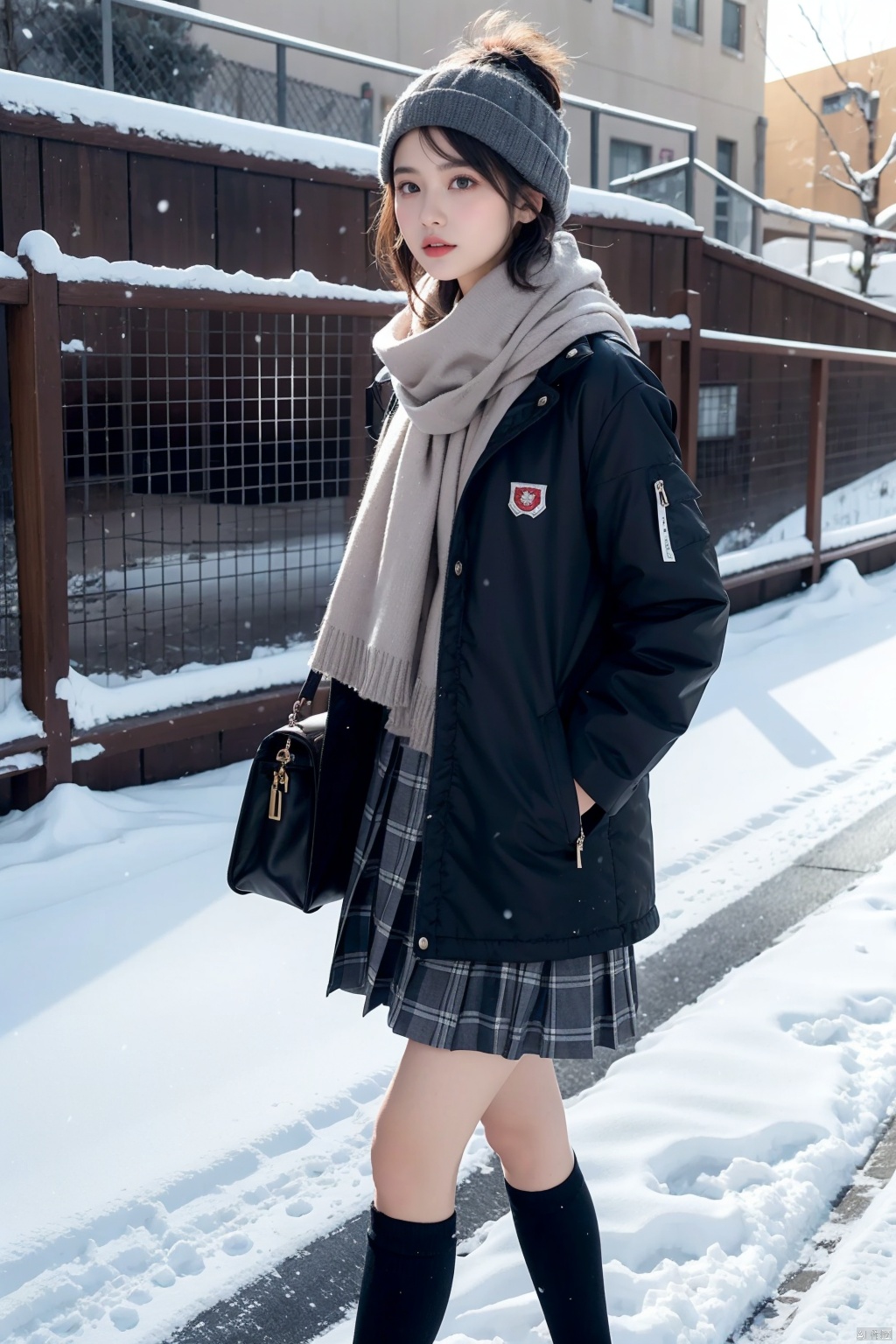 1girl,moyou,short hair,female student,wearing school uniform,plaid skirt,white stockings,black shots,thick coat,cotton-padded jacket,plaid scarf,small bag,on the way home,snow,snow,school gate,outdoor,