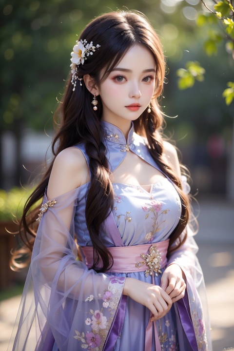 ,
Song Dynasty's princess looks at the camera, iris flower on her hair, light purple color clothes, in the style of yuumei, qibaishi, front view, exquisite detail, loose linework, light colour