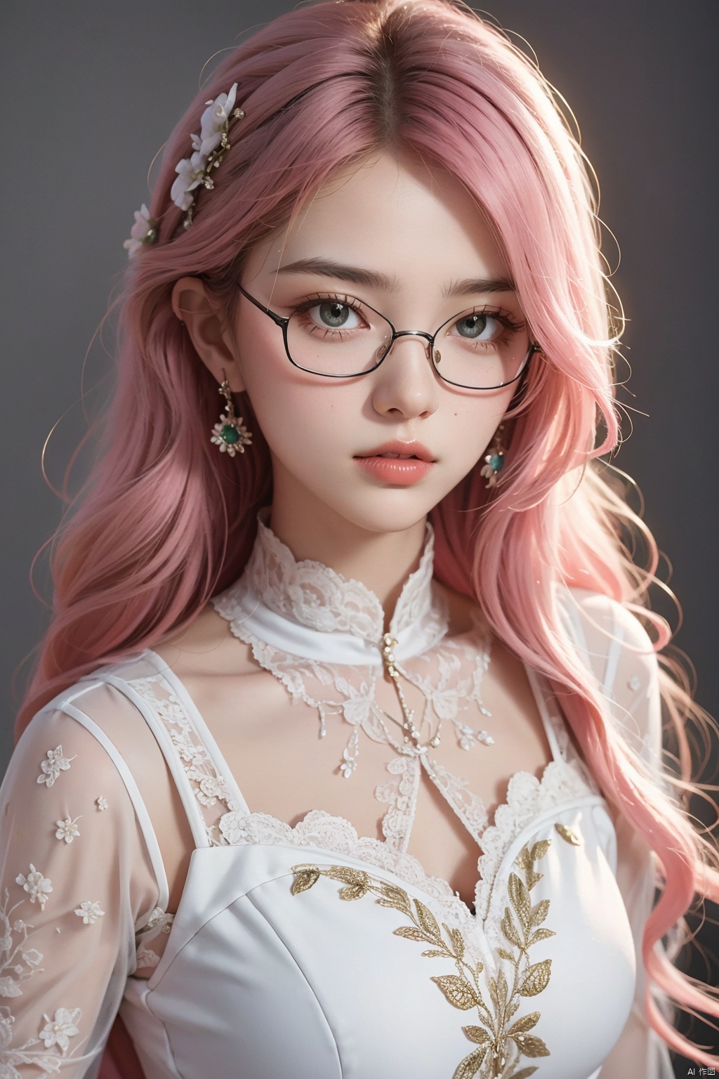 masterpiece,best quality,intricate details,thin,slim,beautiful girl,white skin,sharp jawline,messy hair,lips,upper body,close up,smirk,pink hair,green eyes,black rimmed glasses,lace dress,sexy,