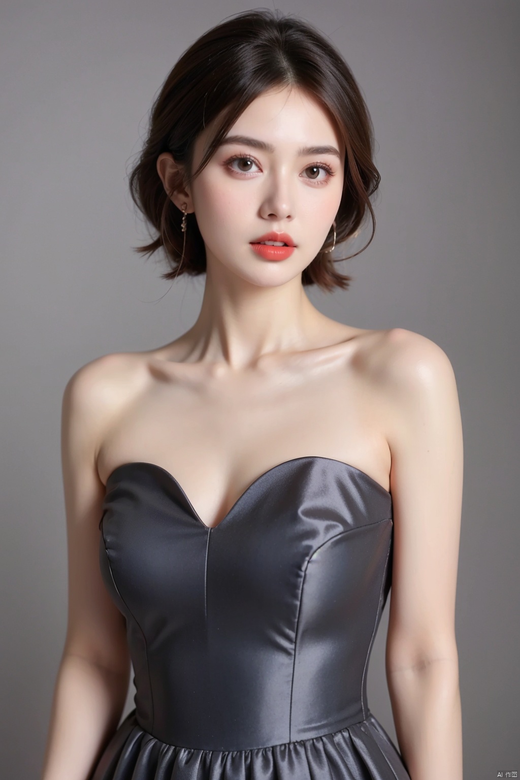 1girl, solo, breasts, looking at viewer, short hair, simple background, brown hair, black hair, dress, bare shoulders, brown eyes, upper body, parted lips, grey background, lips, makeup, red dress, lipstick, realistic, red lips