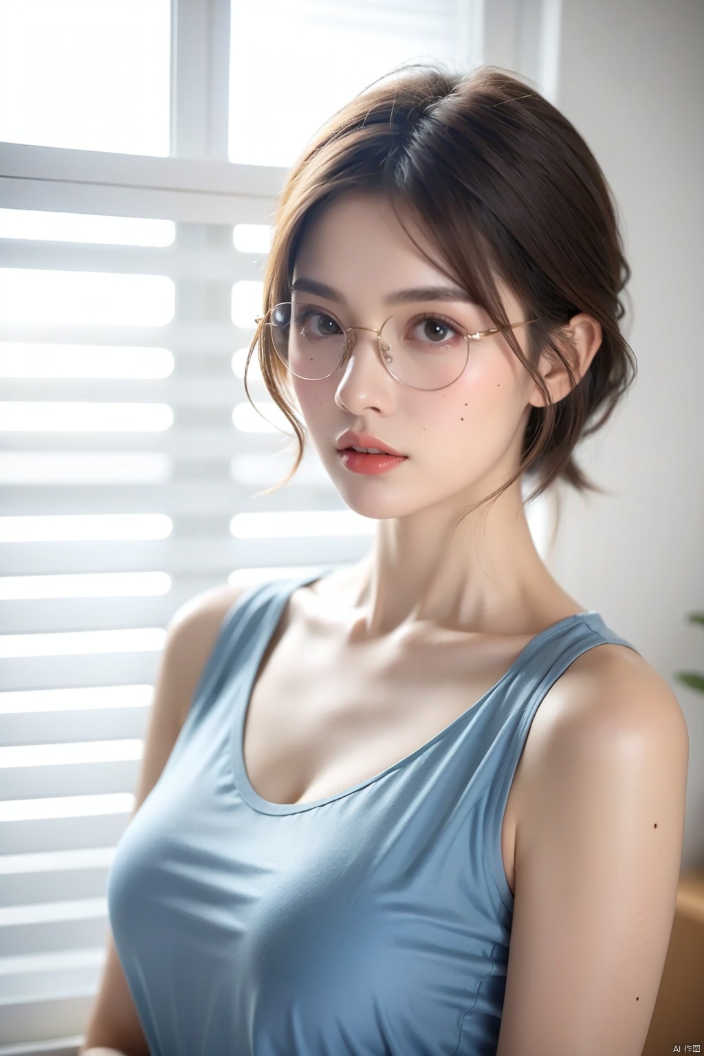 1girl, solo, breasts, looking at viewer, short hair, bangs, brown hair, shirt, brown eyes, collarbone, white shirt, upper body, parted lips, glasses, sleeveless, day, indoors, mole, blurry, lips, window, sleeveless shirt, blurry background, blue shirt, plant, round eyewear, blinds