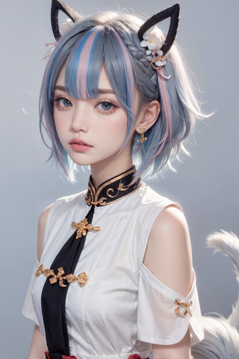 1girl, solo, blue eyes, blush, multicolored hair, looking at viewer, blue hair, earrings, virtual youtuber, streaked hair, jewelry, ahoge, hair ornament, upper body, bangs, two side up, gawr gura, simple background, chinese clothes, short hair, grey hair, white hair, tail
