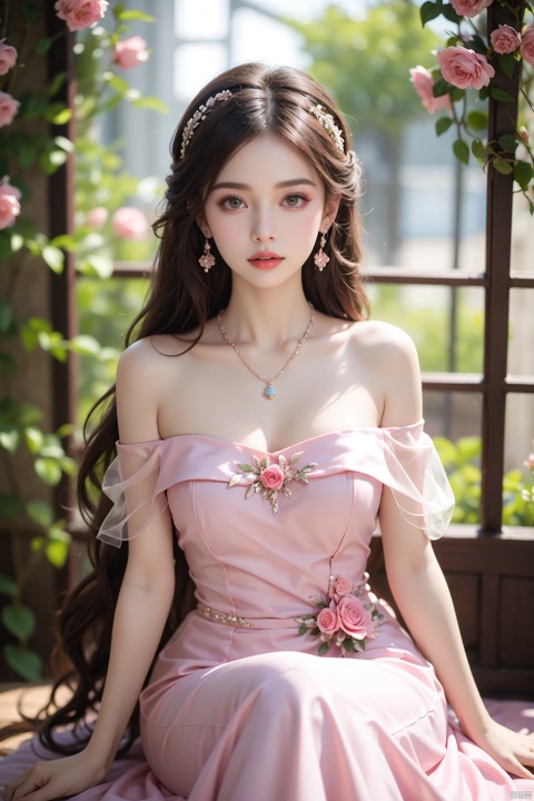 1girl,dress,flower,solo,brown hair,pink dress,sitting,rose,plant,long hair,blurry,bare shoulders,pink flower,jewelry,pink rose,necklace,depth of field,off-shoulder dress,parted lips,off shoulder,breasts,looking at viewer,collarbone,lips,vines,strapless,princess,strapless dress,blurry foreground,full body,earrings,