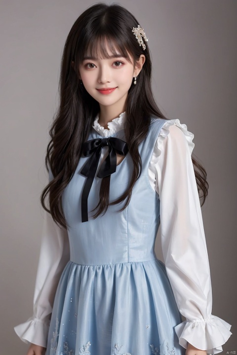 best quality, masterpiece, photorealistic, realistic, 1girl, solo, long black hair, straight hair, blunt bangs, looking at viewer, smile, cowboy shot, standing, cyb dress, frills, frilled dress, long sleeves, bow, lace, simple background, , depth of field