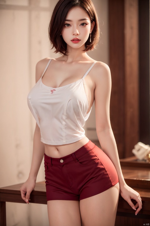 1girl,arms_behind_back,bare_shoulders,black_hair,cowboy_shot,indoors,lipstick,makeup,realistic,red_lips,short_hair,sleeveless,solo,standing,leg seams,exposed vagina,(camisole:1.3),(breast:1.3),