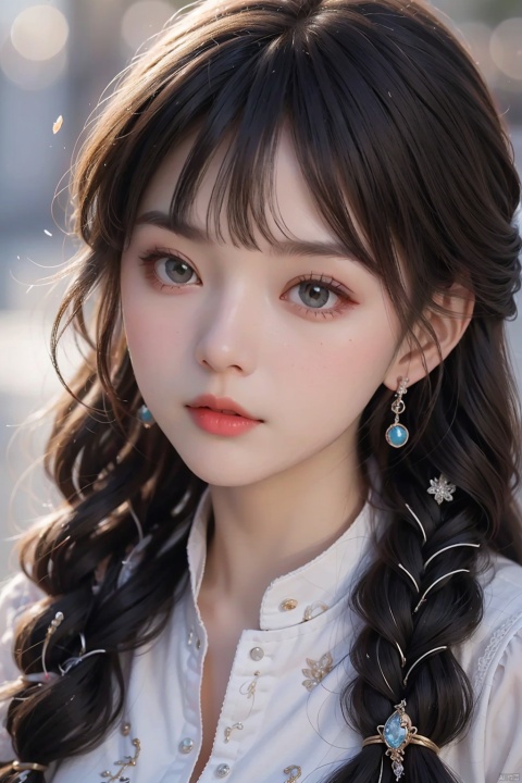 1girl bangs black hair blunt bangs braid closed mouth fish gem jewelry long hair looking at viewer makeup portrait solo,snow