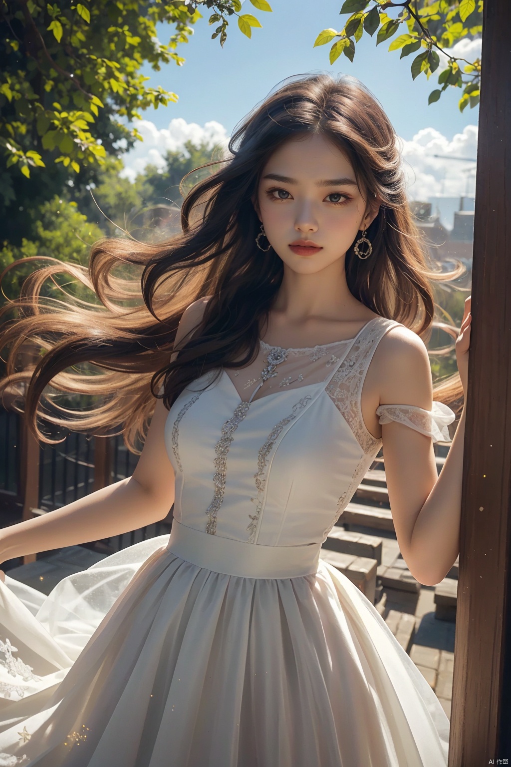 1 girl,extraordinary temperament,beautiful,delicate face,light makeup,eyes deep and full of stories,a soft long hair fluttering in the wind,wearing a simple but elegant long skirt,skirt with the movement of light swing,highlighting the unique temperament and beauty,background selection of deep color,creating a mysterious and dreamy atmosphere,with the girl's bright color contrast,highlight its main position in the picture,the picture design is meticulous,the use of light and shadow effects to enhance the girl's three-dimensional sense and texture,while creating a romantic and dreamy atmosphere,the girl's movement posture is carefully designed,elegant and natural,and integrated with the background. Form a harmonious and beautiful picture,the specific background element design includes flowing clouds,flashing stars or dreamy flowers,echoing with the image of the girl,it forms a painting full of fantasy and beauty. The color matching is harmonious and full of impact,which not only highlights the beauty and temperament of the girl,but also does not lose the overall coordination and beauty. The whole picture is full of imagination and creativity,which makes people intoxicated in the world of beauty and fantasy.,