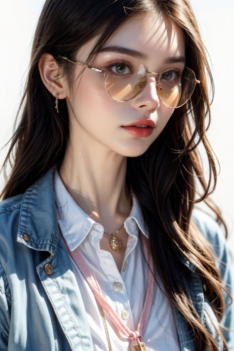 white shirt,1girl,eyewear on head,solo,gloves,sunglasses,jacket,white_background,simple_background,stylish_pose,(close-up:1.3),