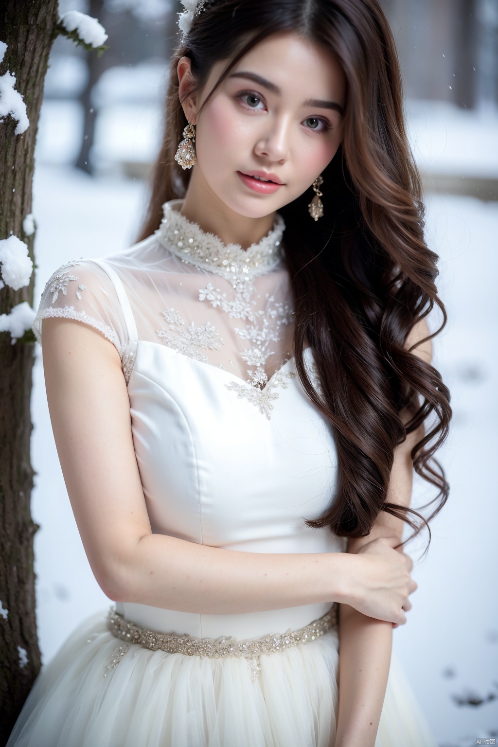 masterpiece, best quality, ultra high res, a beautiful woman in a lace dress in the winter snow, detailed description of the woman and dress, snow-covered environment, romantic and dreamy atmosphere,