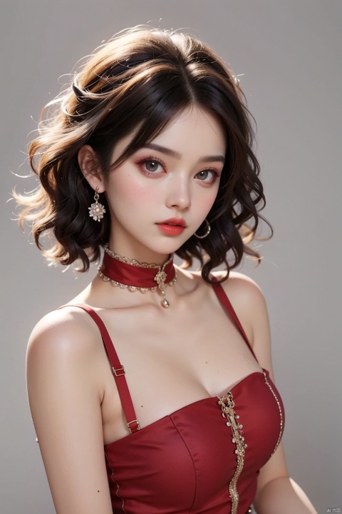 1girl, solo, breasts, looking at viewer, short hair, simple background, brown hair, black hair, dress, bare shoulders, brown eyes, upper body, parted lips, grey background, lips, makeup, red dress, lipstick, realistic, red lips