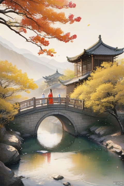山水如画,古风少女书签,Girl, Hanfu, standing on the bridge, distant view,彩色转转, uncleview