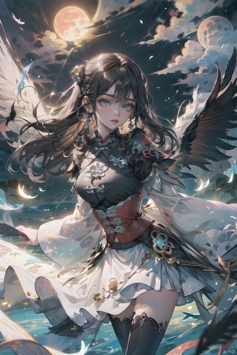  (wings:1.5),(((masterpiece))),best quality, extremely detailed CG unity 8k, illustration, contour deepening beautiful detailed glow,(beautiful detailed eyes), (1 girl:1.1), ((Bana)), large top sleeves, Floating black ashes, Beautiful and detailed black, red moon, ((The black clouds)), (black Wings) , a black cloudy sky, burning, black dress, (beautiful detailed eyes), black expressionless, beautiful detailed white gloves, (crow), bat, (floating black cloud:1.5),white and black hair, disheveled hair, long bangs, hairs between eyes, black knee-highs, black ribbon, white bowties, midriff,{{{half closed eyes}}},((Black fog)), Red eyes, (black smoke), complex pattern, ((Black feathers floating in the air)), (((arms behind back))), (\shen ming shao nv\), (\ji jian\), jiqing