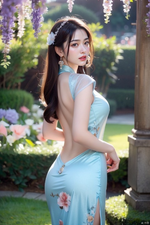 A stunning Chinese beauty holds a hand fan amidst a whimsical wisteria backdrop, its blooms softly focused in the background while her figure and jewelry remain sharply defined against a blurred foreground. Her black hair cascades down her back as she gazes directly at the viewer, her lips slightly parted. The delicate folds of her traditional dress are rendered in exquisite detail, with intricate earrings and an ornate fan complementing her ethereal beauty.