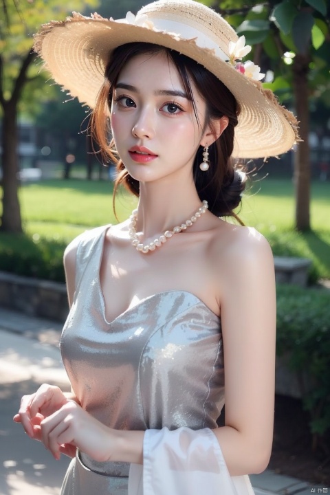 A woman wearing a straw hat, Wearing a simple pearl necklace and pearl earrings, light gray and light beige, detailed, gentle and focused romanticism, overhead shot, dim flowers in the foreground, depth of field, Canon R6, bright soft ambient outdoor light, liuyifei