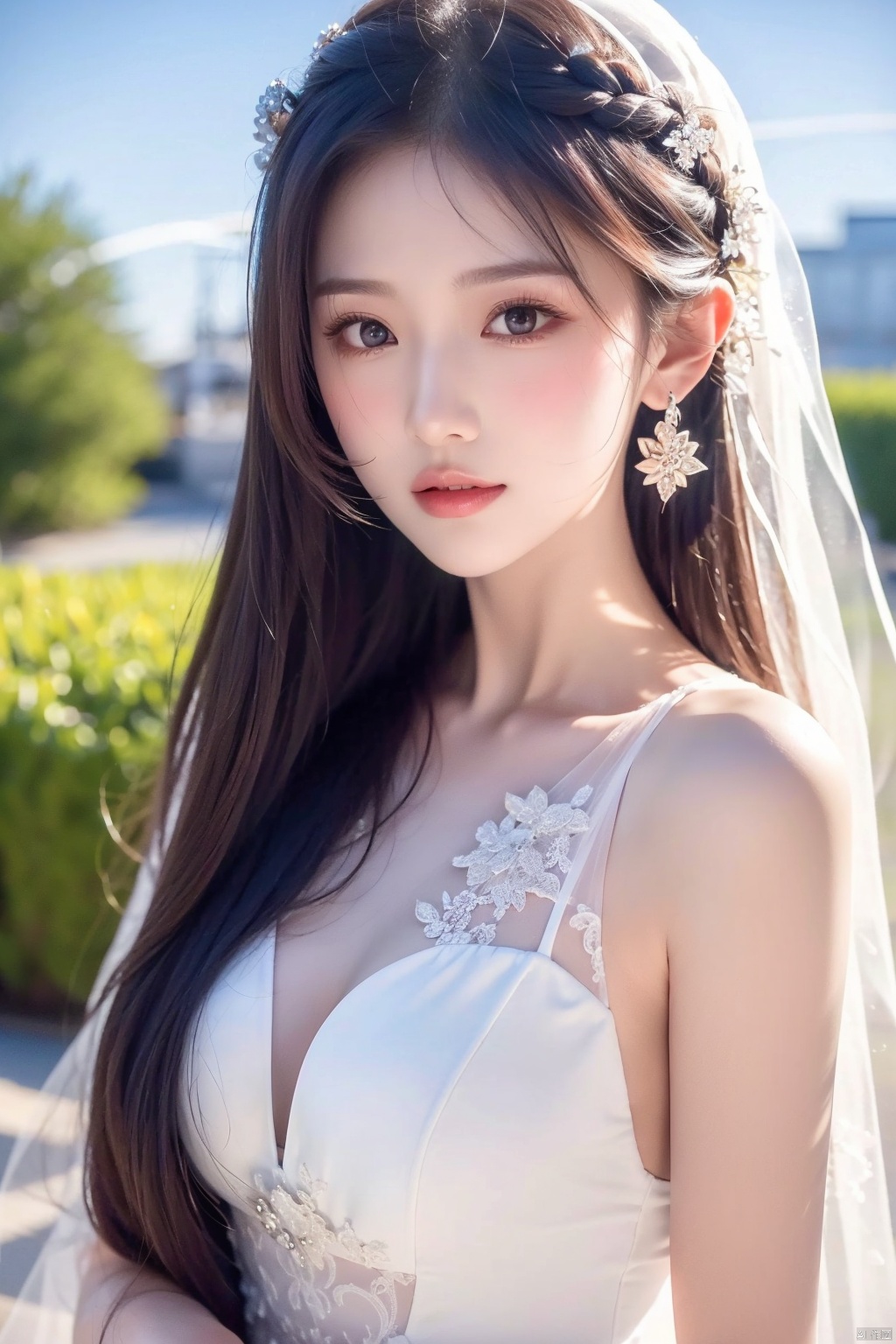  masterpiece, best quality, beautiful and aesthetic, upper body, portrait, looking at viewer, 1girl, solo, sh0rtj3w3lw3ddr3ss, very long hair, light purple hair, swept bangs, purple eyes, quinella, quinella_(SAO), short wedding dress, pantyhose, see-through, outdoors, sky view, scenery, glossy skin, shiny skin, beautiful face, beautiful eyes, yunqing,dutefenwei1.0