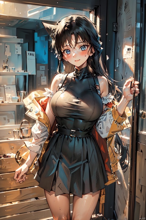  maolilan,1girl,long hair,breasts,looking at viewer,blush,bangs,blue eyes,large breasts,black hair,long sleeves,dress,closed mouth,jacket,open clothes,sleeveless,off shoulder,black dress,sideboob,sleeveless dress,pleated dress, qingyi, (\ji jian\), wunv