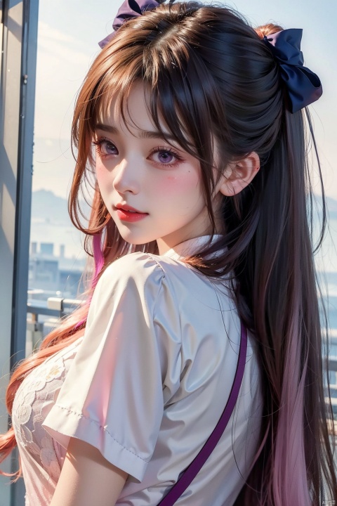  1girl, solo, long hair, looking at viewer, smile, bangs, black hair, dress, bow, very long hair, purple eyes, pink hair, purple hair, short sleeves, heart, multicolored hair, looking back, virtual youtuber, tears, from behind, streaked hair, one side up, suspenders, crying, pink dress, crying with eyes open,moyou