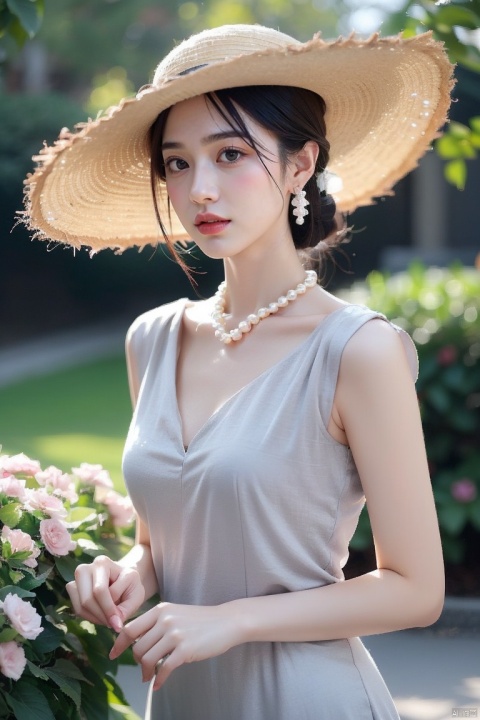 A woman wearing a straw hat, Wearing a simple pearl necklace and pearl earrings, light gray and light beige, detailed, gentle and focused romanticism, overhead shot, dim flowers in the foreground, depth of field, Canon R6, bright soft ambient outdoor light, liuyifei