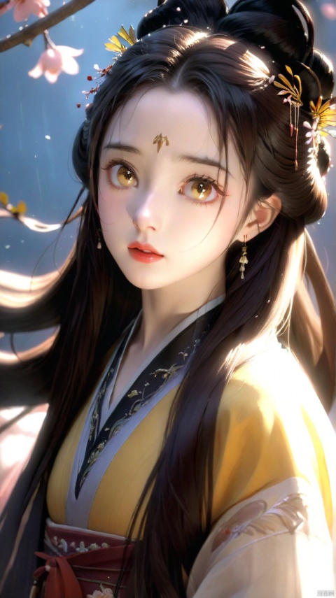 hanfu, 1girl, solo, long_hair, brown_hair, black_hair, brown_eyes, parted_lips, lips, realistic, nose,
realistic,cinematic lighting,strong contrast,high level of detail,Best quality,masterpiece,Hairpins, forehead ornaments, embroidery,Rain, branches overhead, light overhead,Petals falling, sunlight rays,Sunset, yellow sun