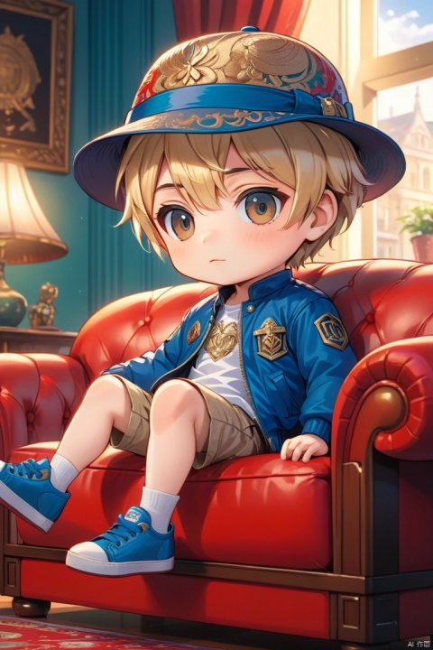 chibi,1boy, solo, blonde hair, short hair, hat, shoes,sitting on couch, 4k, highly detailed, uhd image, intricate details,
detailed scene background, detailed, 8k, amazing art, colorful