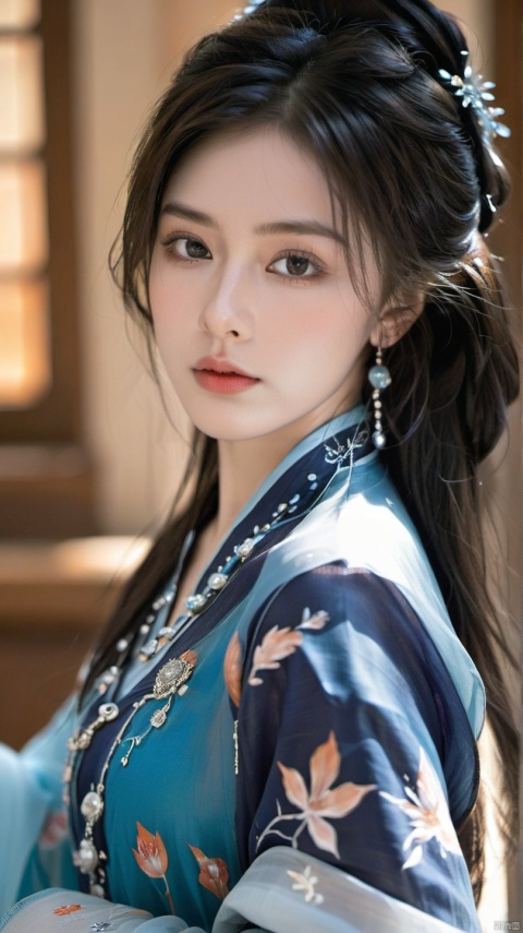 a female wearing a traditional Hanfu. Her eyes are captivating,with a deep gaze. Her makeup is subtle,emphasizing her eyes and lips. The Hanfu she's wearing is white with intricate blue and silver embellishments. The earrings are long,with blue beads and silver accents. The background is softly lit,with a hint of a sheer fabric,possibly a curtain,partially obscuring her face.,
