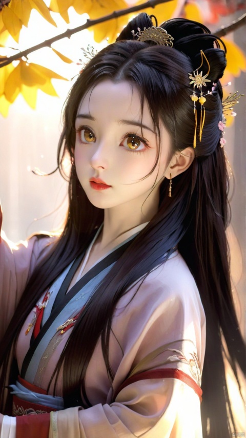 hanfu, 1girl, solo, long_hair, brown_hair, black_hair, brown_eyes, parted_lips, lips, realistic, nose,
realistic,cinematic lighting,strong contrast,high level of detail,Best quality,masterpiece,Hairpins, forehead ornaments, embroidery,Rain, branches overhead, light overhead,Petals falling, sunlight rays,Sunset, yellow sun