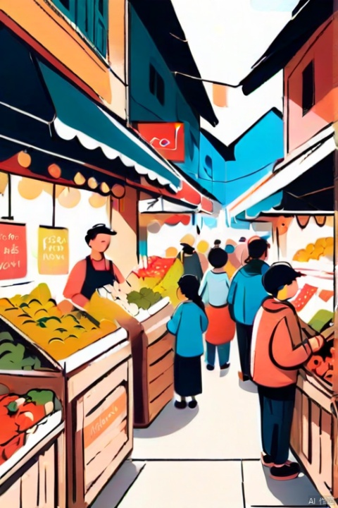  llustration,A food market with many products,people queuing up for food to come out,hand drawn style,children's illustrations,flat illustrations, masterpiece, best quality,