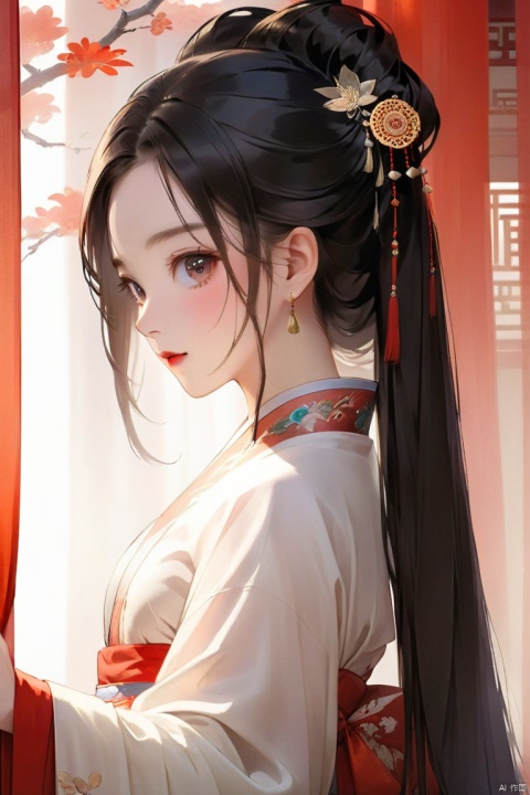 Chinese girl,Cover your face with simlebehind a silk curtain, frontview, half body short.exquisite clothing detail, (Long hair.), Leave a lot of white space, zen, graphic,Chinese ancient architecture, hanfu,updo