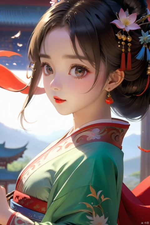 HD, 4K,Intricate, Epic movie scene),1girl,hanfu,full body,(huge breasts:1.7), casting an otherworldly radiance on its surroundings,(Intricate, Lots of tiny details, amazing lighting, amazing setting),(Colorful, Ultra Realistic, High quality, Highly detailed, Sharp focus, 8K UHD, Ultra realism,(smile:0.3)
