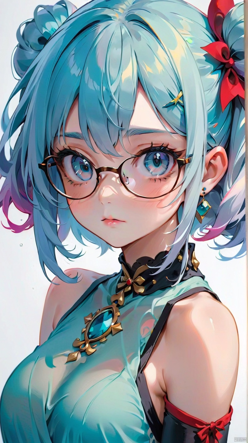 (8k, best quality, masterpiece),by yoneyama mai, 1girl, jewelry, earrings, close-up, glasses, simple background, portrait, parted lips, long hair, twintails, hair between eyes, looking at viewer, bangs, white background, frills, eyelashes, bare shoulders, grey background, aqua hair, turtleneck, upper body, shirt, blue hair, sleeveless, blurry, aqua eyes, expressionless, blue eyes, open mouth, collarbone, sidelocks, depth of field, alternate costume, short hair, closed mouth, black shirt
