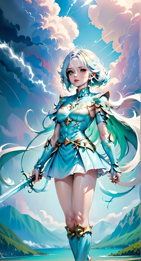 ((upper body,dynamic angle,cool pose)),A magic sword knight,composed of elements of thunder,thunder,electricity,His form is barely tangible,with a soft glow emanating from his gentle contours,The surroundings subtly distort through her ethereal presence,casting a dreamlike ambiance,white lightning,Surrounded by thunder and lightning elemental magic,