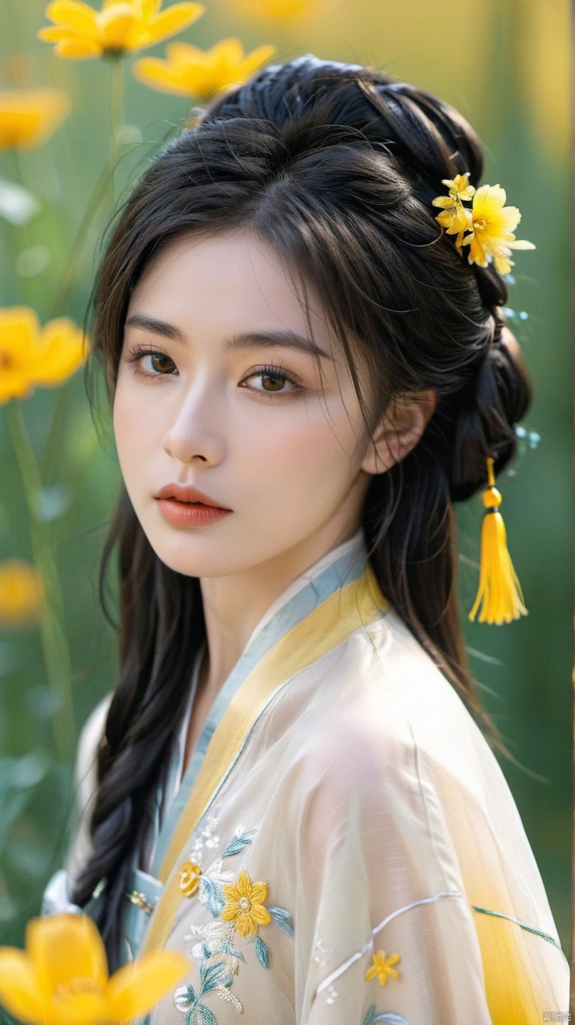 ,a woman dressed in a traditional Hanfu, She has a dark updo hairstyle adorned with a yellow flower accessory and a tassel, Her makeup is subtle, with emphasis on her eyes and lips, She wears a light-colored Hanfu with intricate embroidery and patterns, The fabric appears to be of high quality, with a sheen that suggests it might be silk or a similar material, 