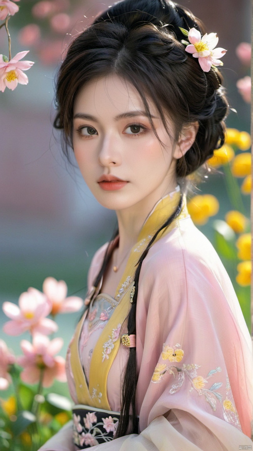 A woman in traditional Hanfu wears a dark updo decorated with yellow flowers and hairpins. Her makeup is sophisticated, with an emphasis on the eyes and lips. She wears a light pink Hanfu with intricate embroidery and patterns, with flowers in the background