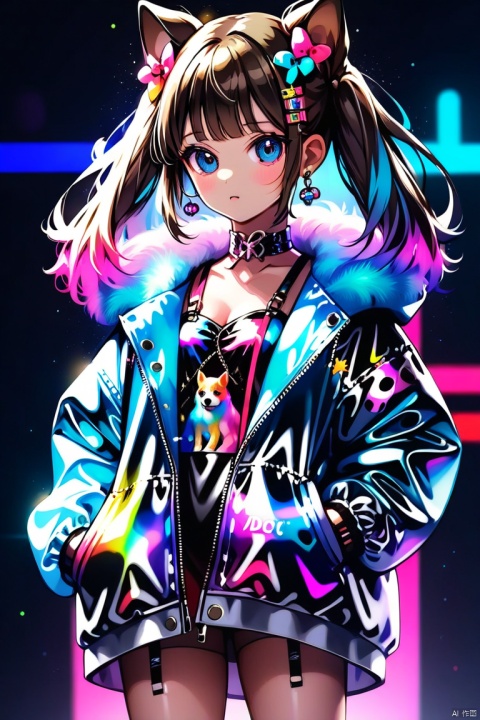 (3 views:2),Front,measuring surface,back,Dark Simple Background,transparent color PVC clothing,transparent color vinyl clothing,prismatic,holographic,chromatic aberration,fashion illustration,masterpiece,dog with harajuku fashion,looking at viewer,8k,ultra detailed,pixiv,