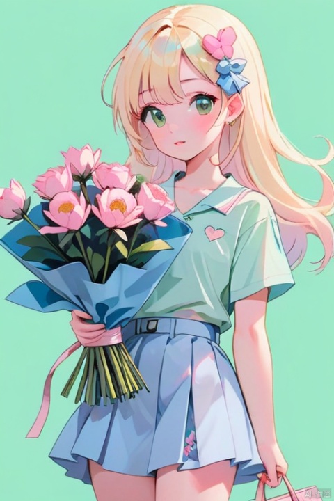 flat illustration,Minimalism,Geometry,abstract Memphis,anime portrait,close shot,holding a bouquet of flowers in hand,focus on face,little girl wearing light green shirt,Short pink skirt,Holding flowers in hand,Light pink canvas bag on shoulder,Long platinum blonde hair,Lane Blue Background,style expression,celluloid