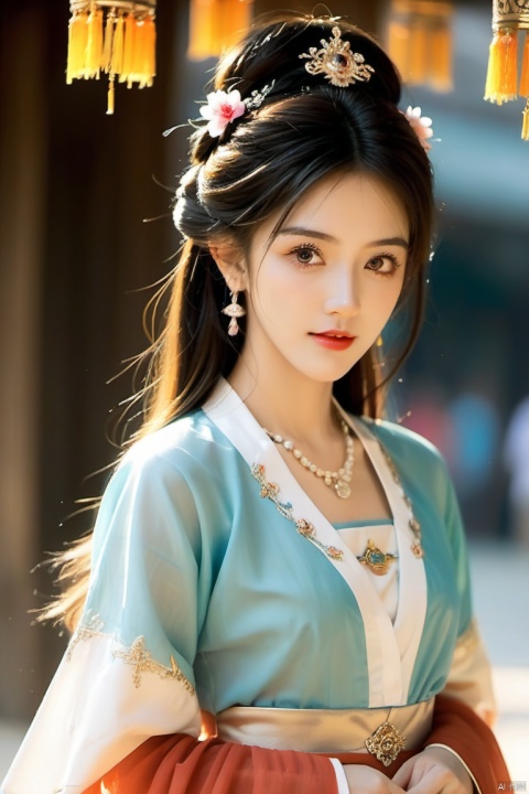 (photorealistic, best quality, ultra high res, extremely detailed eyes and face:1.3),(1girl, solo:1.3),skirt,jewelry,long_hair,necklace,earrings,perfect body,standing,looking at viewer,chinese clothes,hanfu,Updo hair, elaborate headdress,half body.