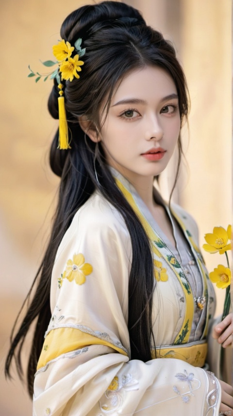 ,a woman dressed in a traditional Hanfu, She has a dark updo hairstyle adorned with a yellow flower accessory and a tassel, Her makeup is subtle, with emphasis on her eyes and lips, She wears a light-colored Hanfu with intricate embroidery and patterns, The fabric appears to be of high quality, with a sheen that suggests it might be silk or a similar material, 