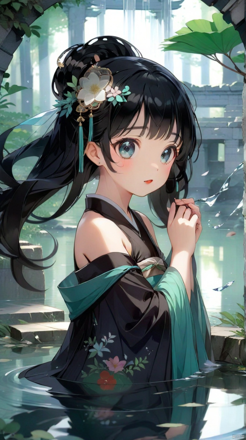 a female figure dressed in a traditional hanfu, forest,ruins,dynamic angle,black hair,detailed cute anime face,((loli)),flower,cry,water,corrugated,flowers tire,broken glass,(broken screen),atlantis,transparent glass,