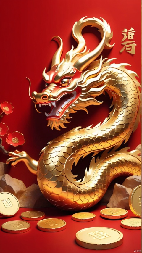 masterpiece,best quality,8K,official art,ultra high res,Chinese dragon, red background, Chinese New Year, happy atmosphere, gold, gold ingots, banknotes, wealth.