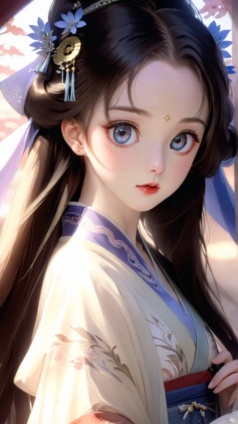 Best quality, masterpiece, highres, Film light effect,an extremely delicate and beautiful, original, extremely detailed wallpaper,1girl,pale skin, long hair,large breasts,looking at viewer, eye contact, clothes1beizi,hanfu,simple background, big eyes, eye light, retro texture, beautiful face,