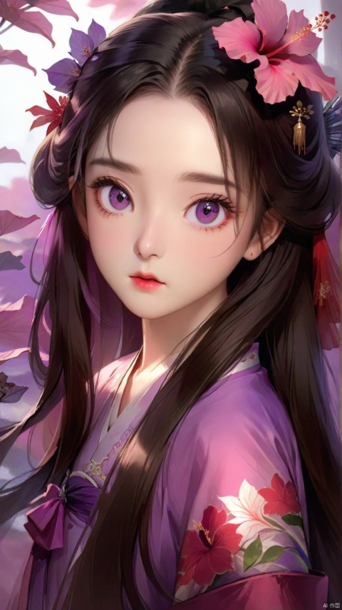 Best quality, masterpiece, highres, Film light effect,an extremely delicate and beautiful, extremely detailed wallpaper,1girl,long hair,looking at viewer, hanfu, big eyes, beautiful face, purple gauze,Rose hibiscus,frown,Eye the camera,A face without blemishes.front view.