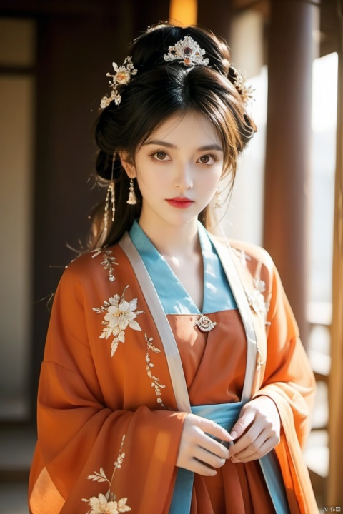 (photorealistic, best quality, ultra high res, extremely detailed eyes and face:1.3),(1girl, solo:1.3),skirt,jewelry,long_hair,necklace,earrings,perfect body,standing,looking at viewer,chinese clothes,hanfu,Updo hair, elaborate headdress,half body.