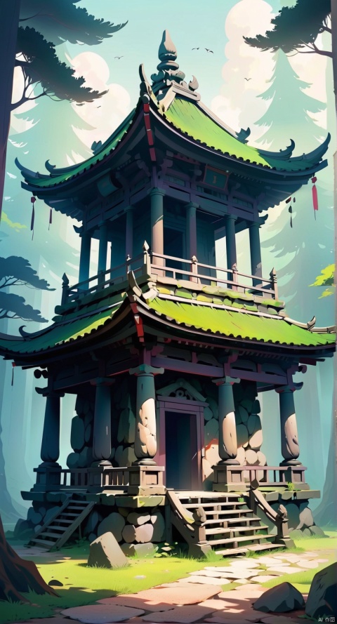 A very dilapidated stone temple,dark theme, surrealism, masterpiece, best quality, high resolution, subtle details, real shadows,no people and animals, deep forest, 